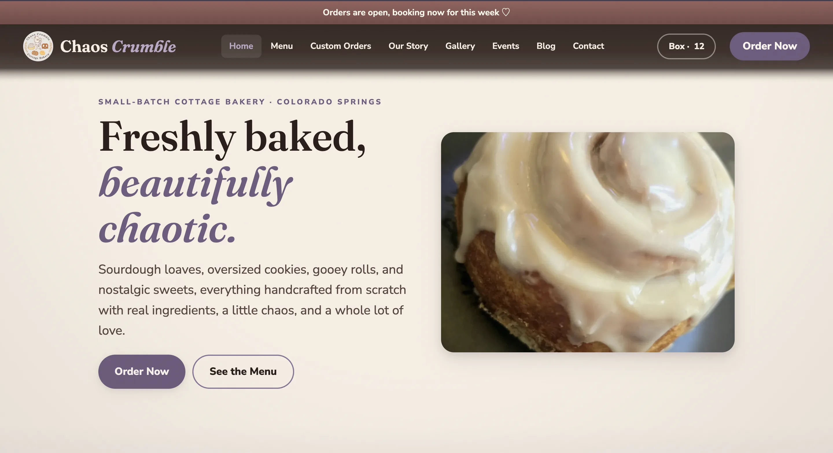 The first version of the homepage: pleasant, tidy, and it could belong to any bakery