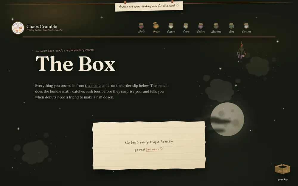 The kraft box and handwritten order slip before anything has been added