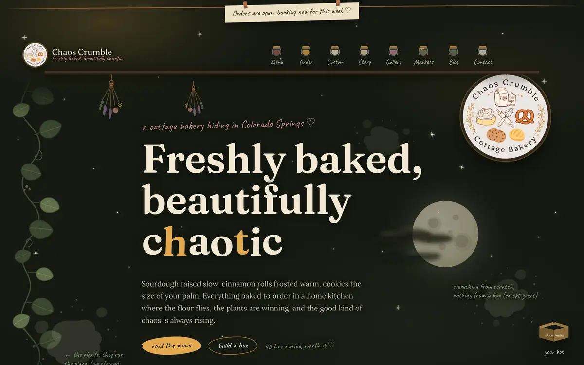 The Chaos Crumble homepage: a moon over a dark treeline with the bakery sign hanging in front of it