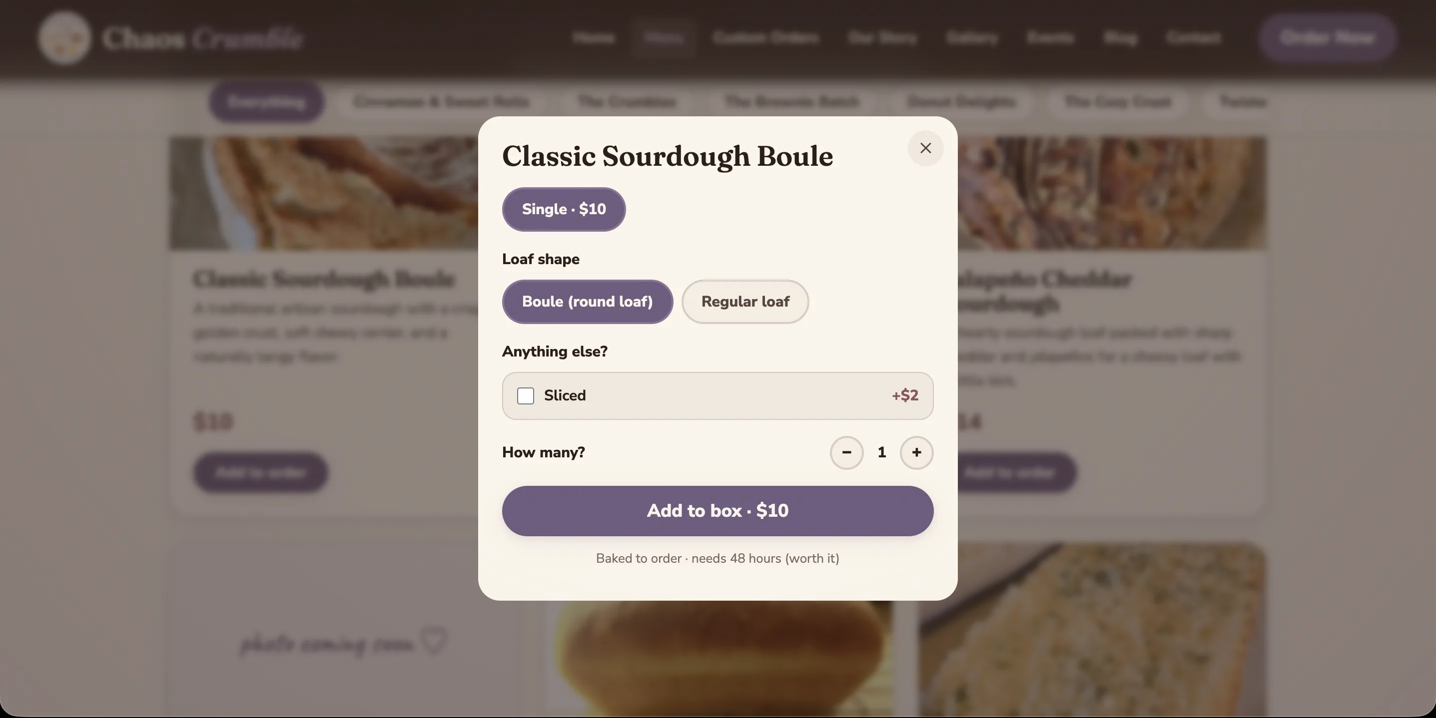 A product page showing the free boule or loaf choice and the paid sliced add-on