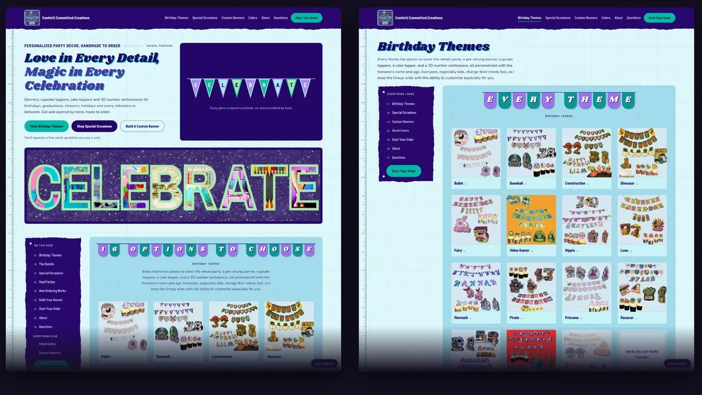 The Confetti Committed Creations home page and Birthday Themes page in the finished design: pale grid paper, deep purple rails, strung pennants over every heading