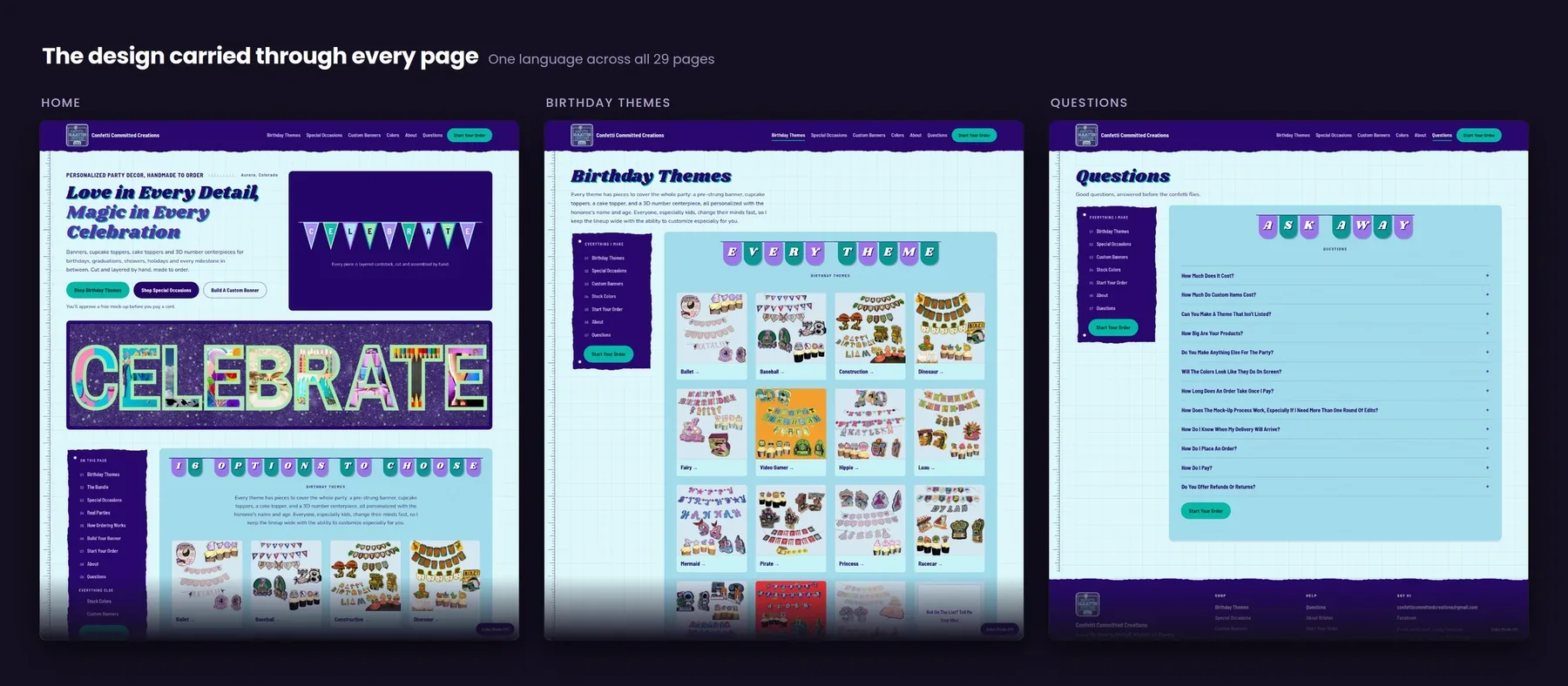 The home page, Birthday Themes and Questions pages of the Confetti Committed Creations site all in the same finished design