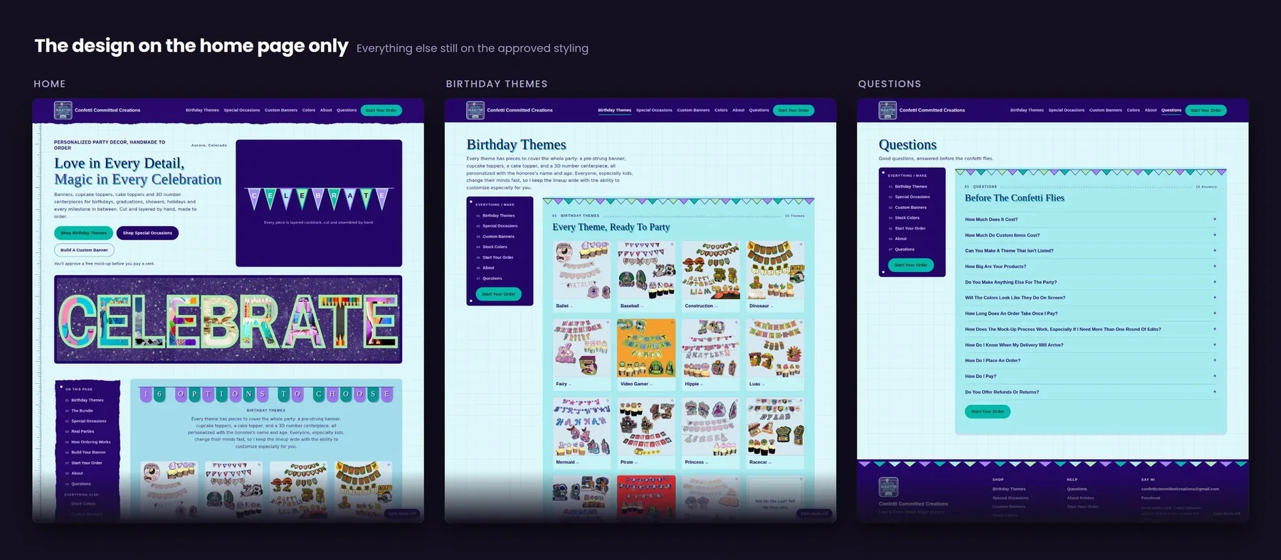 The Confetti Committed Creations home page with the new direction on it, next to the Birthday Themes and Questions pages still in the earlier approved styling