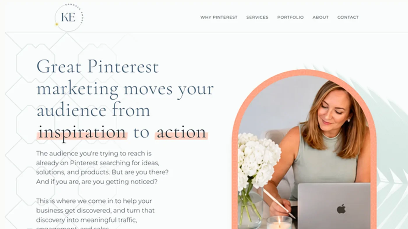 The Kandace Emory landing page opening: the headline with two words underlined in coral, her photo in a coral arch, lattice and a palm frond behind