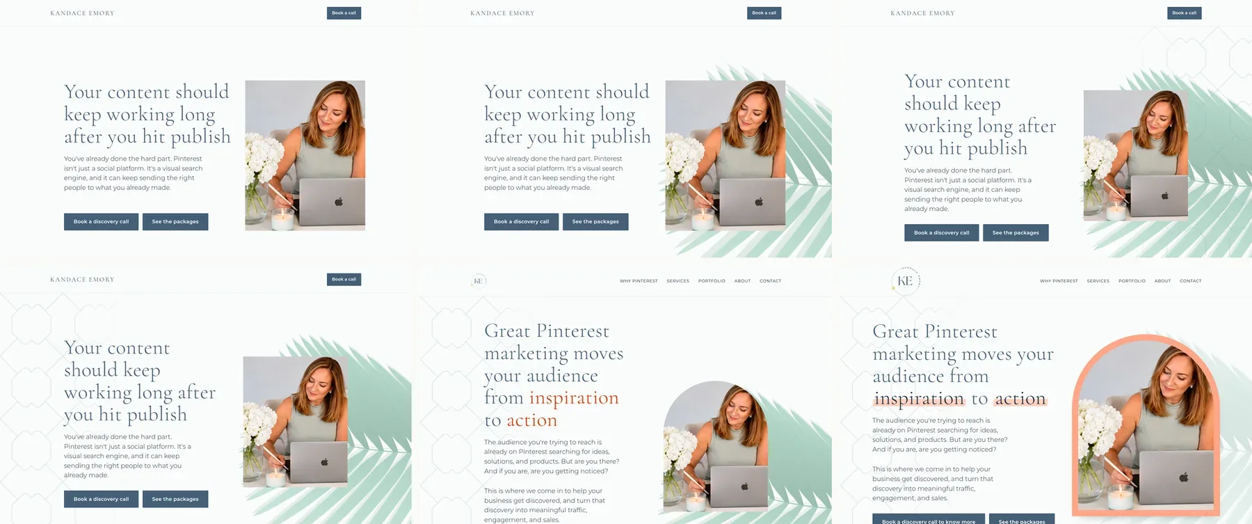 Six versions of the landing page opening side by side, from a plain heading and photo to the version with the lattice, the arch around her photo and the underlined words
