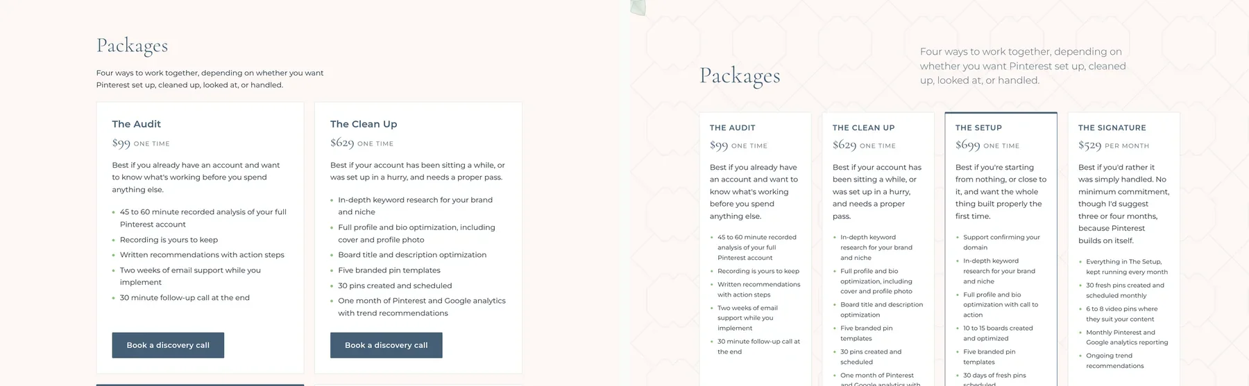 The Packages section before and after: two package cards stacked in a column on the left, four packages across in one row on the right with The Setup outlined