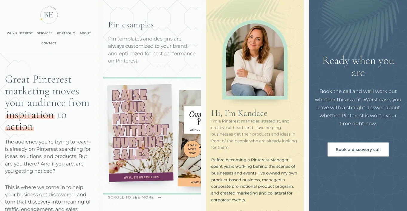 Four phone screens from the page: the navigation, the pin examples that scroll sideways, the About panel with her photo in an arch, and the closing panel with the book a call button