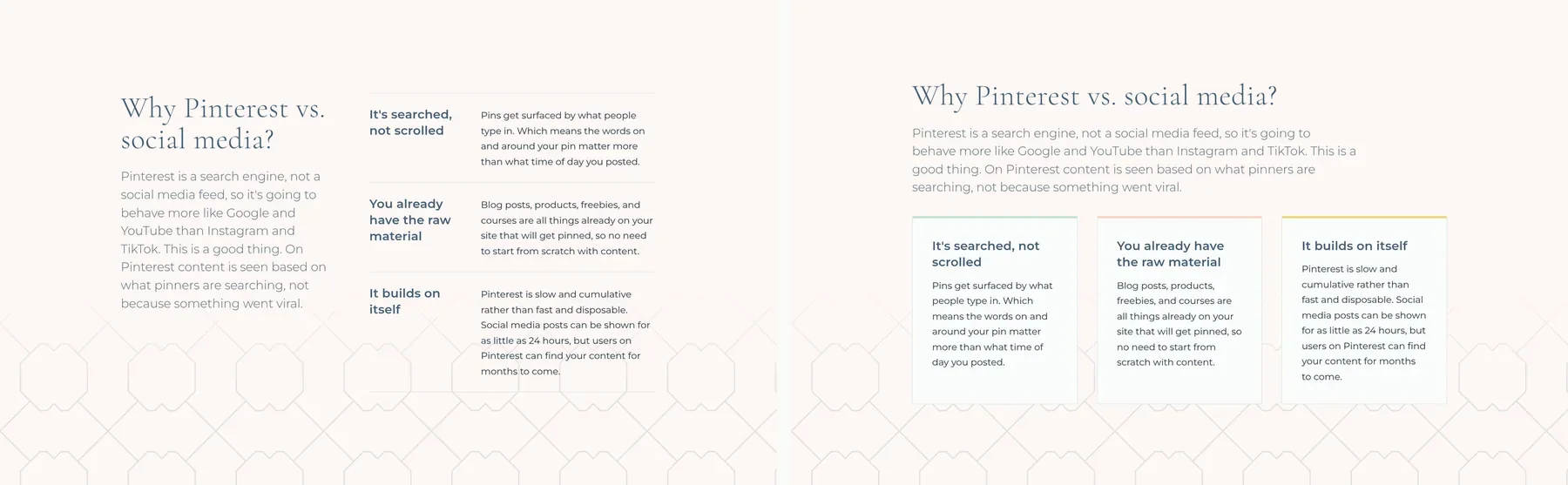 The Why Pinterest section before and after: a plain three-row list on the left, three panels each topped with a different brand color on the right